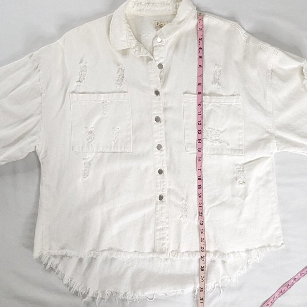 POL Distressed White Denim Oversized Button Up Raw Hem Jacket - Picture 3 of 8
